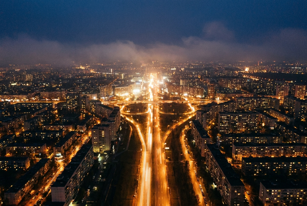 Aerial view of a city at night, its avenues traced in streams of warm light