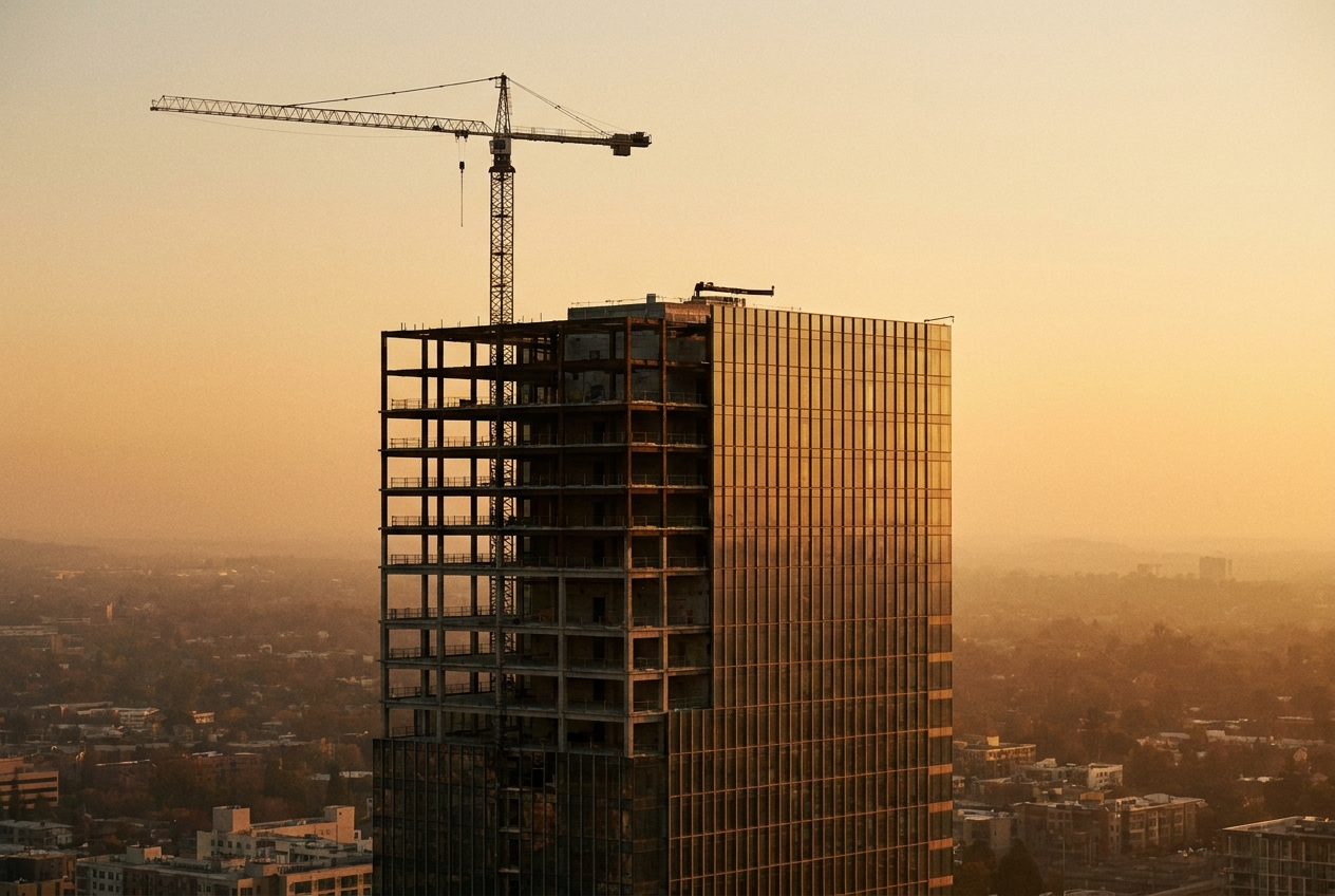 A tower at golden hour, its exposed steel structure meeting a finished glass facade
