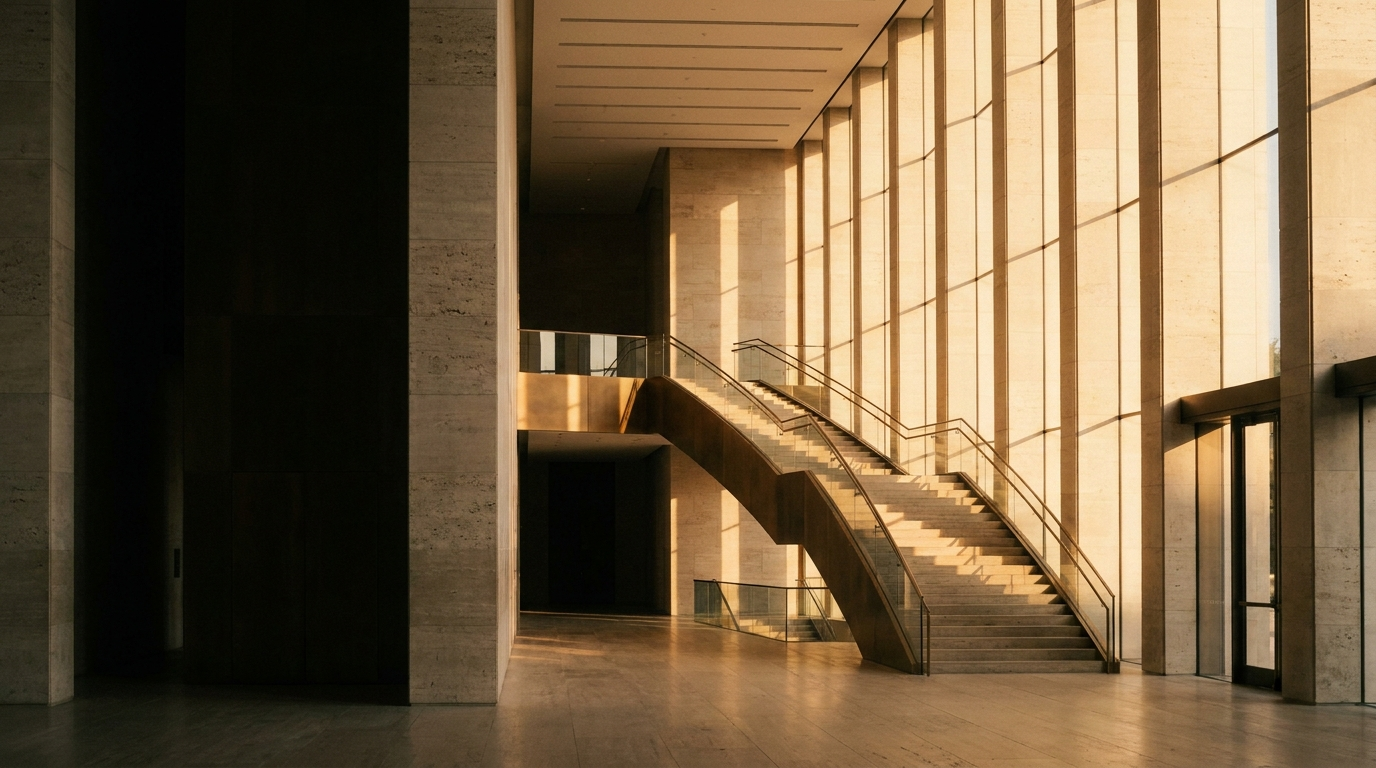 Sunlit modern limestone atrium with a sweeping staircase